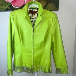Stunning Nicola Berti Lime Green Leather Jacket Fringe Sleeves & Trim Size 6